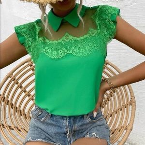 Boho green lace insert collar blouse